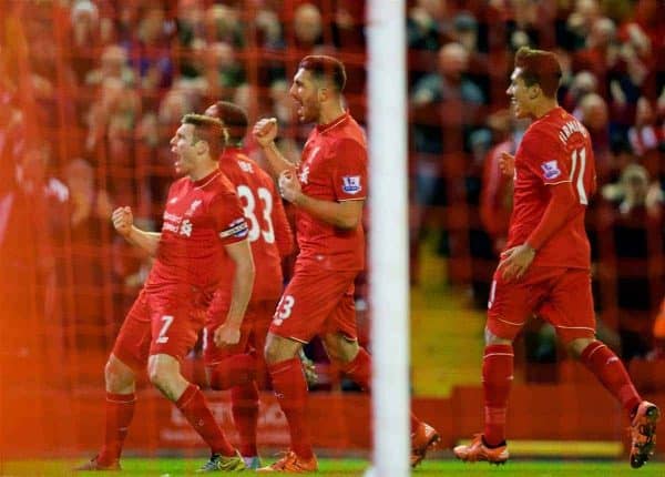 LIVERPOOL, ENGLAND - Sunday, November 29, 2015: Liverpool's James Milner celebrates scoring the first goal against Swansea City during the Premier League match at Anfield. (Pic by David Rawcliffe/Propaganda)