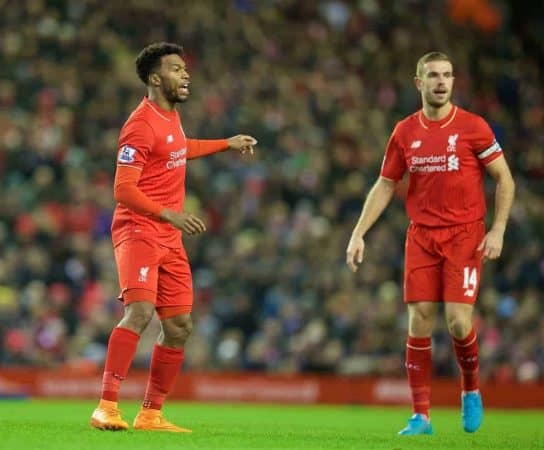 LIVERPOOL, ENGLAND - Sunday, November 29, 2015: Liverpool's substitutes Daniel Sturridge and captain Jordan Henderson in action against Swansea City during the Premier League match at Anfield. (Pic by David Rawcliffe/Propaganda)