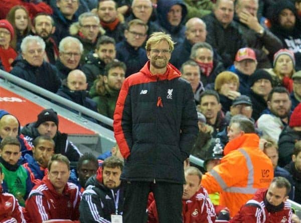 LIVERPOOL, ENGLAND - Sunday, November 29, 2015: Liverpool's manager Jürgen Klopp is all smiles as his side beat Swansea City 1-0 during the Premier League match at Anfield. (Pic by David Rawcliffe/Propaganda)