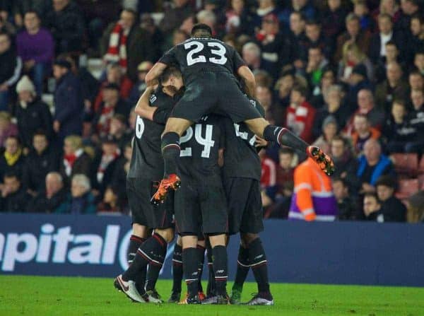 SOUTHAMPTON, ENGLAND - Wednesday, December 2, 2015: Liverpool's Alberto Moreno is mobbed by team-mates after scoring the third goal against Southampton during the Football League Cup Quarter-Final match at St. Mary's Stadium. (Pic by David Rawcliffe/Propaganda)