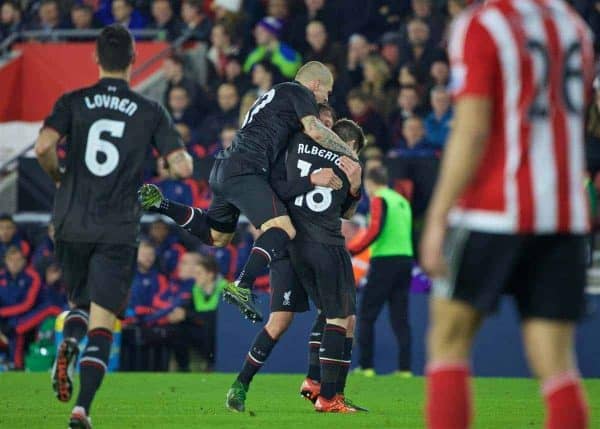 SOUTHAMPTON, ENGLAND - Wednesday, December 2, 2015: Liverpool's Alberto Moreno is mobbed by team-mates after scoring the third goal against Southampton during the Football League Cup Quarter-Final match at St. Mary's Stadium. (Pic by David Rawcliffe/Propaganda)