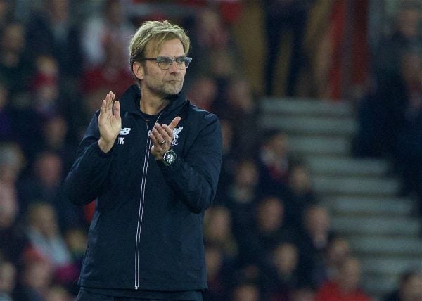 SOUTHAMPTON, ENGLAND - Wednesday, December 2, 2015: Liverpool's manager Jürgen Klopp during the Football League Cup Quarter-Final match against Southampton at St. Mary's Stadium. (Pic by David Rawcliffe/Propaganda)