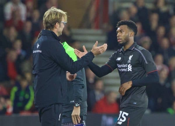 SOUTHAMPTON, ENGLAND - Wednesday, December 2, 2015: Liverpool's two-goal hero shakes hands with manager Jürgen Klopp as he is substituted against Southampton during the Football League Cup Quarter-Final match at St. Mary's Stadium. (Pic by David Rawcliffe/Propaganda)