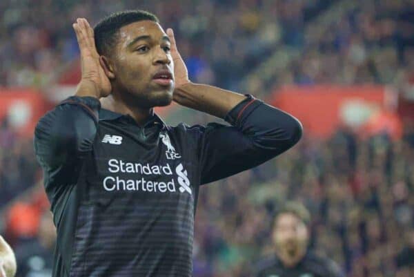 SOUTHAMPTON, ENGLAND - Wednesday, December 2, 2015: Liverpool's Jordon Ibe celebrates scoring the fifth goal against Southampton during the Football League Cup Quarter-Final match at St. Mary's Stadium. (Pic by David Rawcliffe/Propaganda)