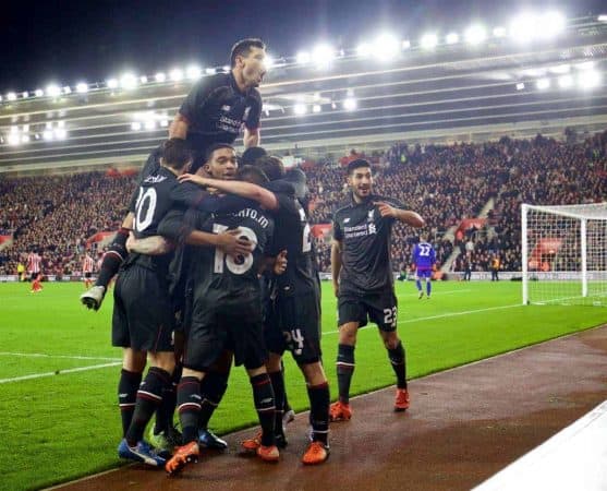 SOUTHAMPTON, ENGLAND - Wednesday, December 2, 2015: Liverpool's Jordon Ibe celebrates scoring the fifth goal against Southampton with team-mates during the Football League Cup Quarter-Final match at St. Mary's Stadium. (Pic by David Rawcliffe/Propaganda)