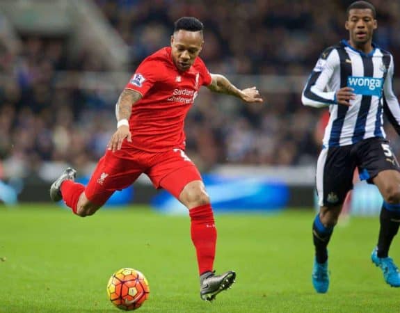 NEWCASTLE-UPON-TYNE, ENGLAND - Sunday, December 6, 2015: Liverpool's Nathaniel Clyne in action against Newcastle United during the Premier League match at St. James' Park. (Pic by David Rawcliffe/Propaganda)