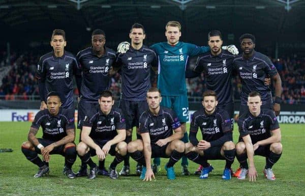 LIVERPOOL, ENGLAND - Thursday, December 10, 2015: Liverpool's players line up for a team group photograph before the UEFA Europa League Group Stage Group B match against FC Sion at Stade de Tourbillon. (Pic by David Rawcliffe/Propaganda)