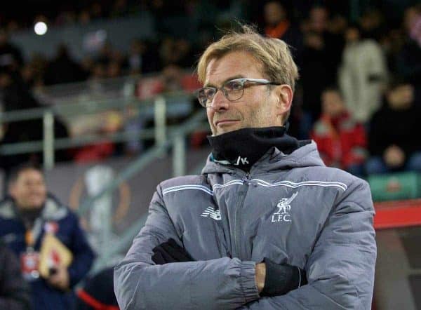 LIVERPOOL, ENGLAND - Thursday, Deccember 10, 2015: Liverpool's manager Jürgen Klopp before the UEFA Europa League Group Stage Group B match against FC Sion at Stade de Tourbillon. (Pic by David Rawcliffe/Propaganda)