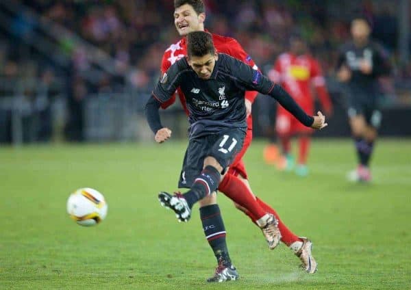 LIVERPOOL, ENGLAND - Thursday, December 10, 2015: Liverpool's Roberto Firmino in action against FC Sion during the UEFA Europa League Group Stage Group B match at Stade de Tourbillon. (Pic by David Rawcliffe/Propaganda)