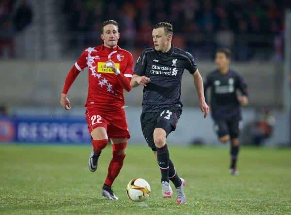 LIVERPOOL, ENGLAND - Thursday, December 10, 2015: Liverpool's Brad Smith in action against FC Sion's Vincent Ruefli during the UEFA Europa League Group Stage Group B match at Stade de Tourbillon. (Pic by David Rawcliffe/Propaganda)