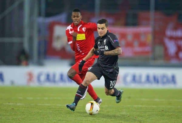 LIVERPOOL, ENGLAND - Thursday, December 10, 2015: Liverpool's Philippe Coutinho Correia in action against FC Sion during the UEFA Europa League Group Stage Group B match at Stade de Tourbillon. (Pic by David Rawcliffe/Propaganda)