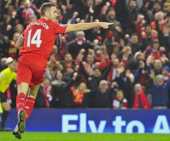 LIVERPOOL, ENGLAND - Sunday, December 13, 2015: Liverpool's captain Jordan Henderson celebrates scoring the first goal against West Bromwich Albion during the Premier League match at Anfield. (Pic by James Maloney/Propaganda)