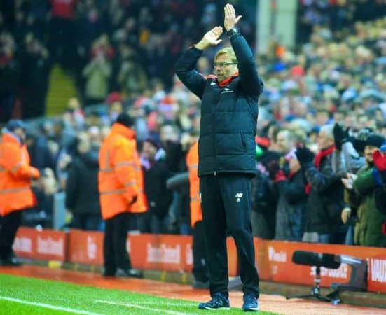 LIVERPOOL, ENGLAND - Sunday, December 13, 2015: Liverpool's manager Jürgen Klopp celebrates the first goal against West Bromwich Albion during the Premier League match at Anfield. (Pic by James Maloney/Propaganda)