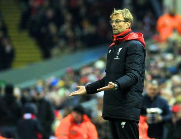 LIVERPOOL, ENGLAND - Sunday, December 13, 2015: Liverpool's manager Jürgen Klopp during the Premier League match against West Bromwich Albion at Anfield. (Pic by James Maloney/Propaganda)