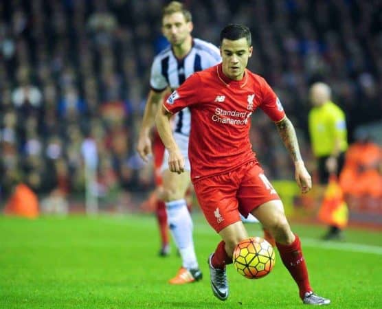 LIVERPOOL, ENGLAND - Sunday, December 13, 2015: Liverpool's Philippe Coutinho Correia in action during the Premier League match against West Bromwich Albion at Anfield. (Pic by James Maloney/Propaganda)