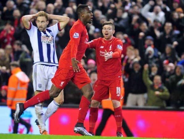 LIVERPOOL, ENGLAND - Sunday, December 13, 2015: Liverpool's Divock Origi celebrates scoring the equaliser goal during the Premier League match against West Bromwich Albion at Anfield. (Pic by James Maloney/Propaganda)