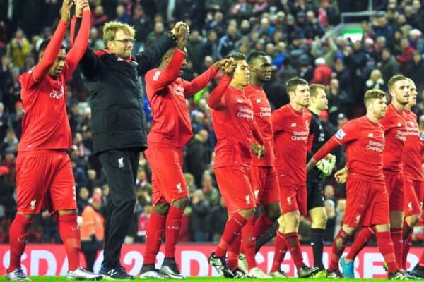 LIVERPOOL, ENGLAND - Sunday, December 13, 2015: Liverpool's manager Jürgen Klopp and players thanking supporters after the Premier League match against West Bromwich Albion at Anfield. (Pic by James Maloney/Propaganda)