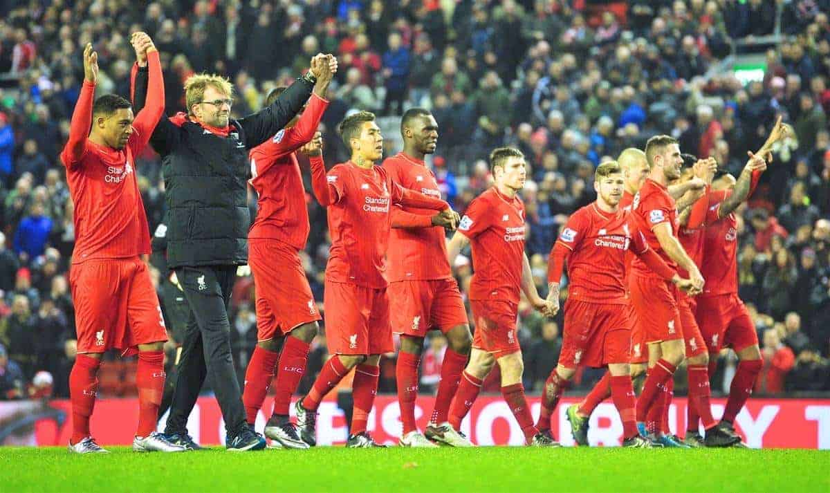 LIVERPOOL, ENGLAND - Sunday, December 13, 2015: Liverpool's manager Jürgen Klopp and players thanking supporters after the Premier League match against West Bromwich Albion at Anfield. (Pic by James Maloney/Propaganda)