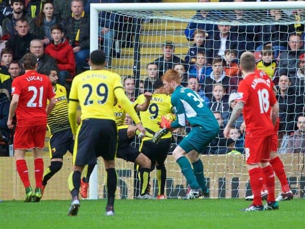WATFORD, ENGLAND - Sunday, December 20, 2015: Liverpool's goalkeeper Adam Bogdan fails to catch the ball cleanly leading to Watford's opening goal by captain Troy Deeney during the Premier League match at Vicarage Road. (Pic by David Rawcliffe/Propaganda)