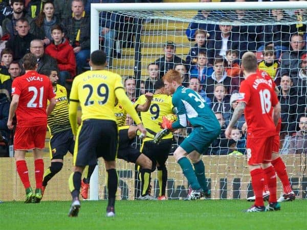 WATFORD, ENGLAND - Sunday, December 20, 2015: Liverpool's goalkeeper Adam Bogdan fails to catch the ball cleanly leading to Watford's opening goal by captain Troy Deeney during the Premier League match at Vicarage Road. (Pic by David Rawcliffe/Propaganda)