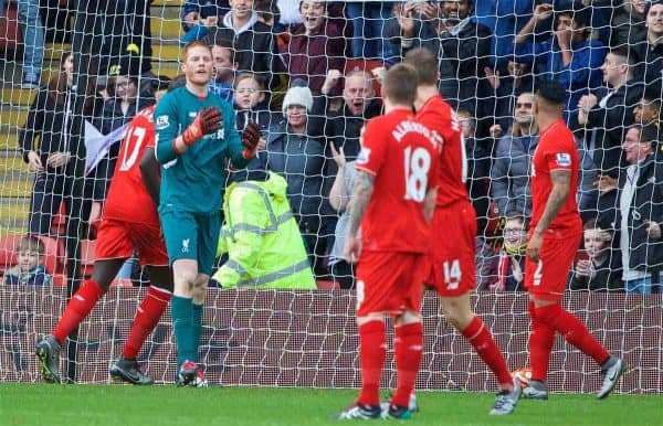 WATFORD, ENGLAND - Sunday, December 20, 2015: Liverpool's goalkeeper Adam Bogdan looks dejected as Watford score from his mistake during the Premier League match at Vicarage Road. (Pic by David Rawcliffe/Propaganda)