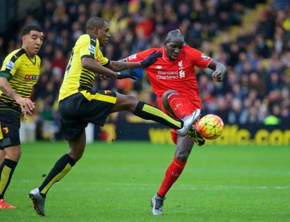 WATFORD, ENGLAND - Sunday, December 20, 2015: Liverpool's Mamadou Sakho in action against Watford's George Byers during the Premier League match at Vicarage Road. (Pic by David Rawcliffe/Propaganda)