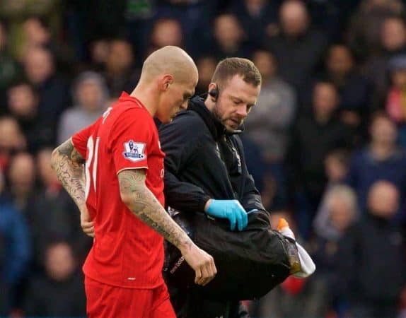 WATFORD, ENGLAND - Sunday, December 20, 2015: Liverpool's Martin Skrtel goes off injured during the Premier League match against Watford at Vicarage Road. (Pic by David Rawcliffe/Propaganda)