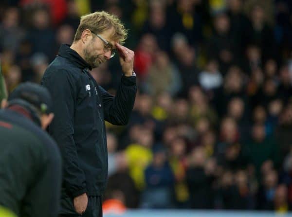 WATFORD, ENGLAND - Sunday, December 20, 2015: Liverpool's manager Jürgen Klopp looks dejected as his side's slump to a humiliating 3-0 defeat by Watford during the Premier League match at Vicarage Road. (Pic by David Rawcliffe/Propaganda)