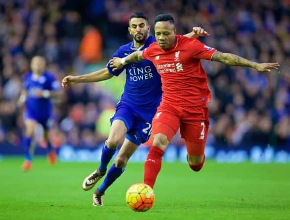 LIVERPOOL, ENGLAND - Boxing Day, Saturday, December 26, 2015: Liverpool's Nathaniel Clyne in action against Leicester City's Riyad Mahrez during the Premier League match at Anfield. (Pic by David Rawcliffe/Propaganda)