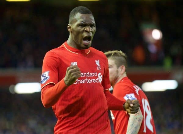 LIVERPOOL, ENGLAND - Boxing Day, Saturday, December 26, 2015: Liverpool's Christian Benteke celebrates scoring the first goal against Leicester City during the Premier League match at Anfield. (Pic by David Rawcliffe/Propaganda)