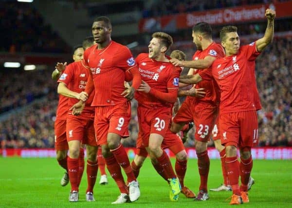 LIVERPOOL, ENGLAND - Boxing Day, Saturday, December 26, 2015: Liverpool's Christian Benteke celebrates scoring the first goal against Leicester City during the Premier League match at Anfield. (Pic by David Rawcliffe/Propaganda)