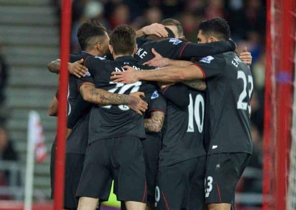 SUNDERLAND, ENGLAND - Wednesday, December 30, 2015: Liverpool's Christian Benteke celebrates scoring the first goal against Sunderland during the Premier League match at the Stadium of Light. (Pic by David Rawcliffe/Propaganda)