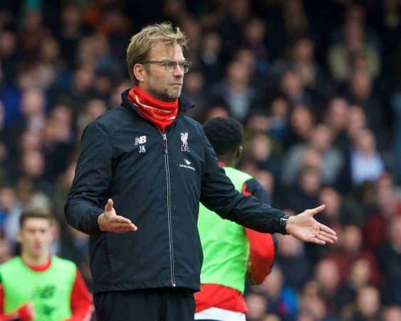 LONDON, ENGLAND - Saturday, January 2, 2016: Liverpool's manager Jürgen Klopp during the Premier League match against West Ham United at Upton Park. (Pic by David Rawcliffe/Propaganda)