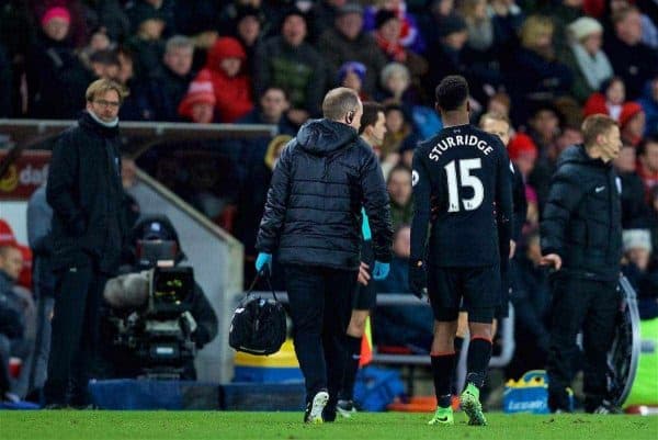 SUNDERLAND, ENGLAND - Monday, January 2, 2017: Liverpool's Daniel Sturridge goes off with an injury during the FA Premier League match against Sunderland at the Stadium of Light. (Pic by David Rawcliffe/Propaganda)