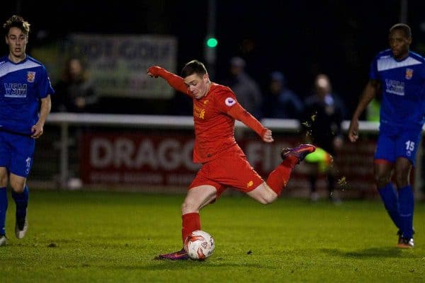 BANGOR, WALES - Wednesday, January 4, 2017: Liverpool's substitute Jack Dunn scores the sixth goal against Bangor City, completing his hat-trick, during an Under-23 friendly match at Bangor University Stadium. (Pic by David Rawcliffe/Propaganda)