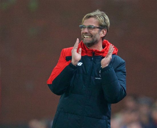 STOKE-ON-TRENT, ENGLAND - Tuesday, January 5, 2016: Liverpool's manager Jürgen Klopp during the Football League Cup Semi-Final 1st Leg match against Stoke City at the Britannia Stadium. (Pic by David Rawcliffe/Propaganda)