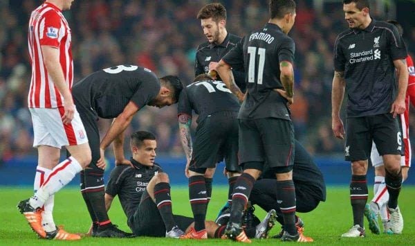 STOKE-ON-TRENT, ENGLAND - Tuesday, January 5, 2016: Liverpool's Philippe Coutinho Correia goes down injured against Stoke City during the Football League Cup Semi-Final 1st Leg match at the Britannia Stadium. (Pic by David Rawcliffe/Propaganda)