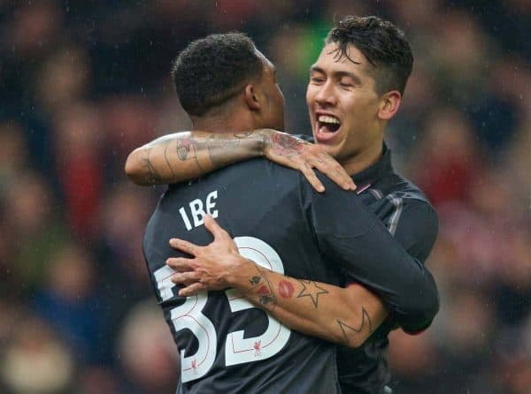 STOKE-ON-TRENT, ENGLAND - Tuesday, January 5, 2016: Liverpool's Jordon Ibe celebrates scoring the first goal against Stoke City with team-mate Roberto Firmino during the Football League Cup Semi-Final 1st Leg match at the Britannia Stadium. (Pic by David Rawcliffe/Propaganda)