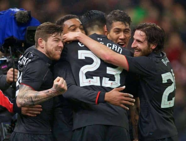 STOKE-ON-TRENT, ENGLAND - Tuesday, January 5, 2016: Liverpool's Jordon Ibe celebrates scoring the first goal against Stoke City with team-mates during the Football League Cup Semi-Final 1st Leg match at the Britannia Stadium. (Pic by David Rawcliffe/Propaganda)