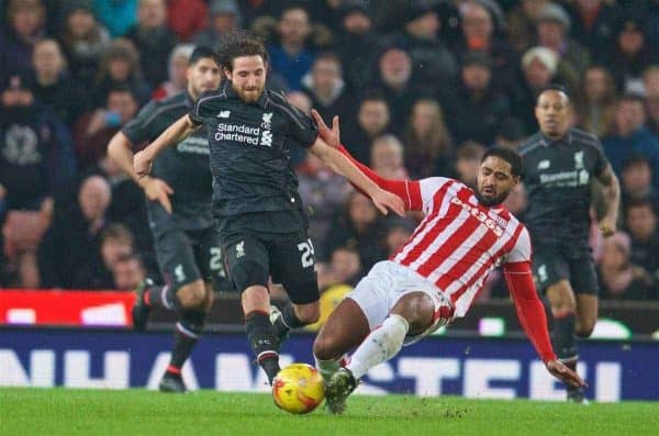 STOKE-ON-TRENT, ENGLAND - Tuesday, January 5, 2016: Liverpool's Joe Allen in action against Stoke City's Glen Johnson during the Football League Cup Semi-Final 1st Leg match at the Britannia Stadium. (Pic by David Rawcliffe/Propaganda)