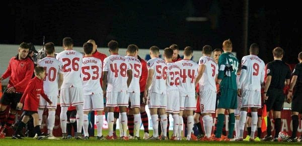 EXETER, ENGLAND - Friday, January 8, 2016: Liverpool's young players line-up to face Exeter City during the FA Cup 3rd Round match at St. James Park. (Pic by David Rawcliffe/Propaganda)