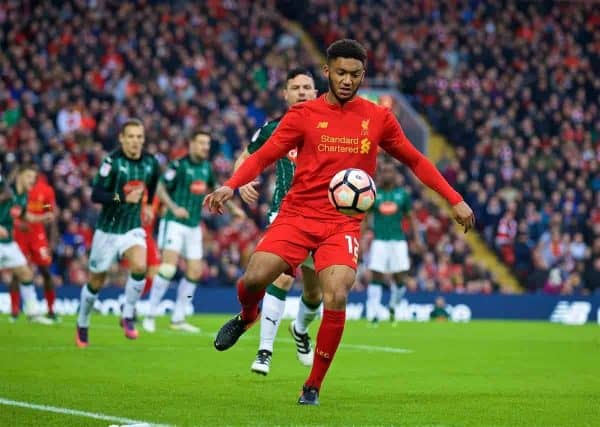 LIVERPOOL, ENGLAND - Saturday, January 7, 2017: Liverpool's Joe Gomez in action against Plymouth Argyle during the FA Cup 3rd Round match at Anfield. (Pic by David Rawcliffe/Propaganda)