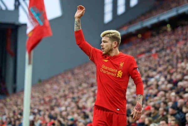 LIVERPOOL, ENGLAND - Saturday, January 7, 2017: Liverpool's Alberto Moreno prepares to take a corner-kick against Plymouth Argyle during the FA Cup 3rd Round match at Anfield. (Pic by David Rawcliffe/Propaganda)