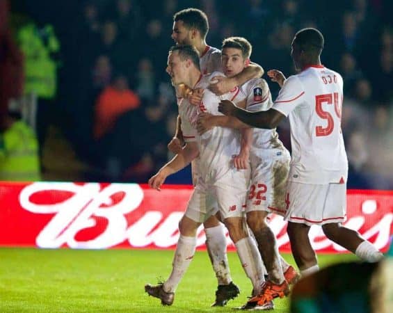 EXETER, ENGLAND - Friday, January 8, 2016: Liverpool's Brad Smith celebrates scoring the second equalising goal against Exeter City during the FA Cup 3rd Round match at St. James Park. (Pic by David Rawcliffe/Propaganda)