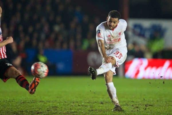 EXETER, ENGLAND - Friday, January 8, 2016: Liverpool's Kevin Stewart in action against Exeter City during the FA Cup 3rd Round match at St. James Park. (Pic by David Rawcliffe/Propaganda)