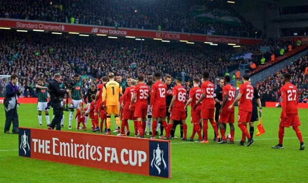 LIVERPOOL, ENGLAND - Saturday, January 7, 2017: Liverpool and Plymouth Argyle players shake hands before the FA Cup 3rd Round match at Anfield. (Pic by David Rawcliffe/Propaganda)