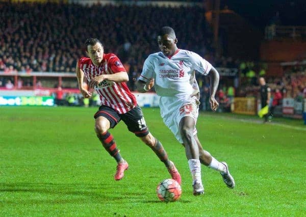 EXETER, ENGLAND - Friday, January 8, 2016: Liverpool's Sheyi Ojo in action against Exeter City during the FA Cup 3rd Round match at St. James Park. (Pic by David Rawcliffe/Propaganda)