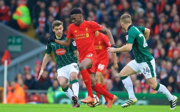 LIVERPOOL, ENGLAND - Saturday, January 7, 2017: Liverpool's Oviemuno Ovie Ejaria in action against Plymouth Argyle during the FA Cup 3rd Round match at Anfield. (Pic by David Rawcliffe/Propaganda)