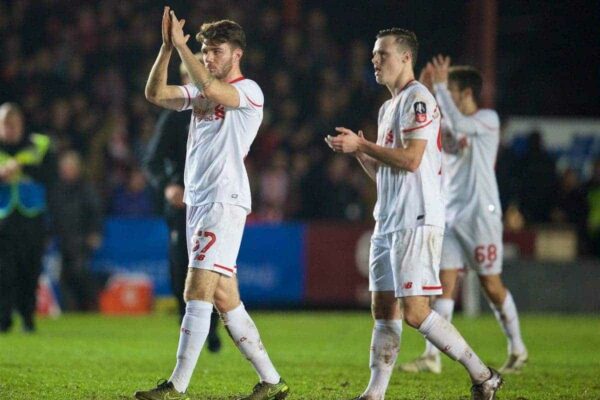 EXETER, ENGLAND - Friday, January 8, 2016: Liverpool's Joe Maguire and Brad Smith applaud the travelling supporters after the 2-2 draw with Exeter City during the FA Cup 3rd Round match at St. James Park. (Pic by David Rawcliffe/Propaganda)