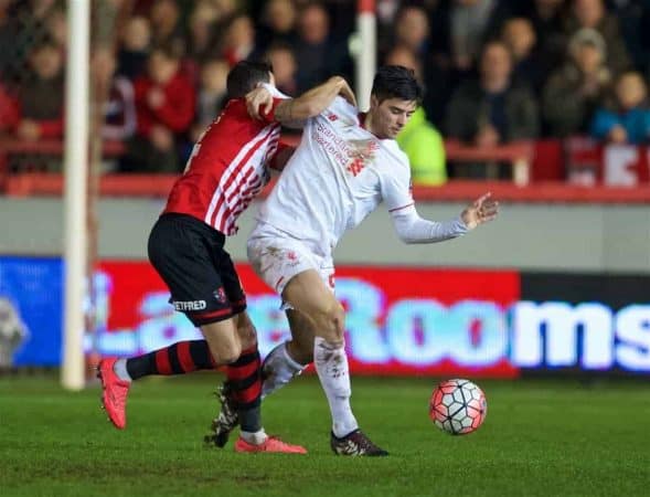 EXETER, ENGLAND - Friday, January 8, 2016: Liverpool's Joao Carlos Teixeira in action against Exeter City during the FA Cup 3rd Round match at St. James Park. (Pic by David Rawcliffe/Propaganda)